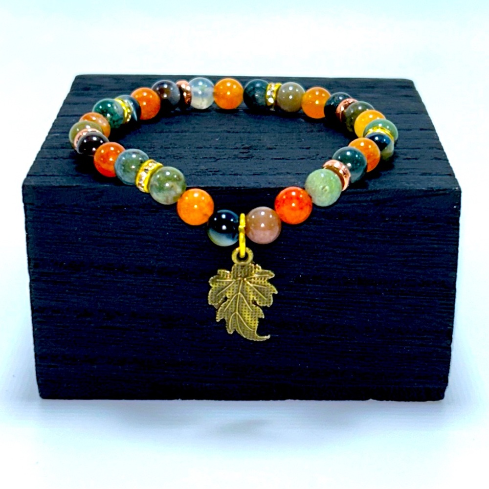 Handmade Fall Leaf Charm Bracelet with Natural
Indian Agate & Sun Stones!